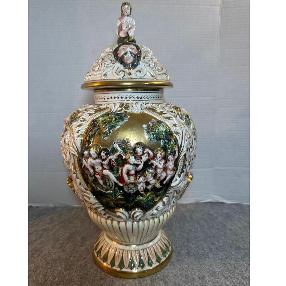 Vintage Numbered Capodimonte 16 1/2” Jar/Urn Erotic Orgia Cherubs w/Lid